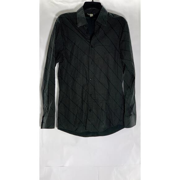 H&M Men's Black Micro Dot Striped Regular-Fit Button-Up Long Sleeve Shirt SZ S - Picture 1 of 6